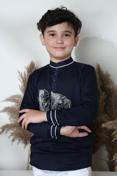 TIGER BLUE SHORT KURTA WITH WHITE TROUSER